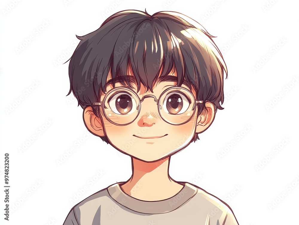 Adorable Anime Boy with Round Glasses and Calm Expression on White Background Adorable Anime Boy with Round Glasses and Calm Expression on White Background