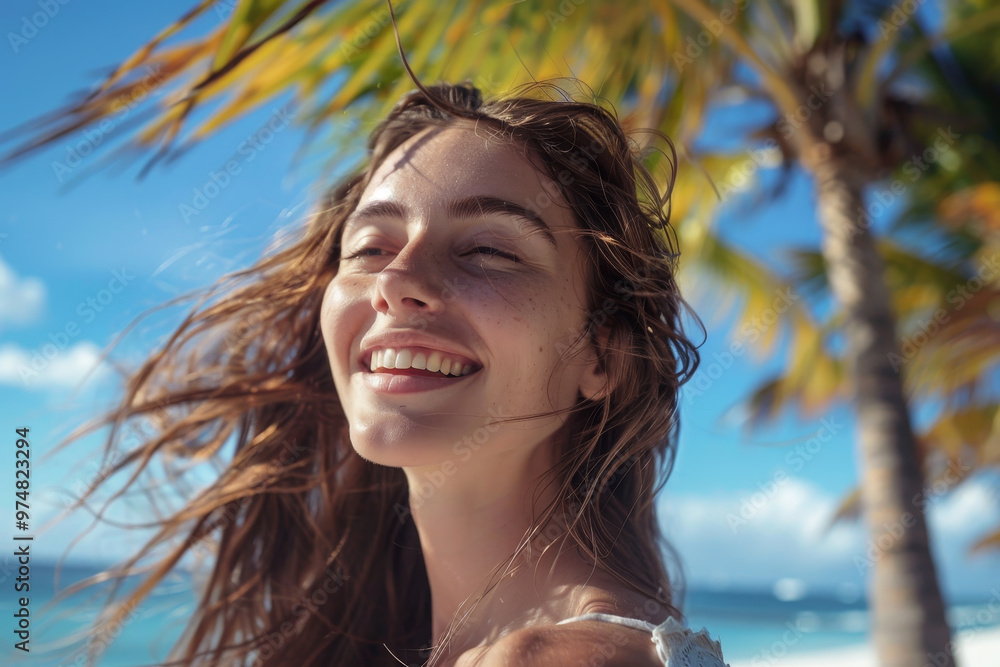 A woman with long hair is smiling and looking at the camera A woman with long hair is smiling and looking at the camera