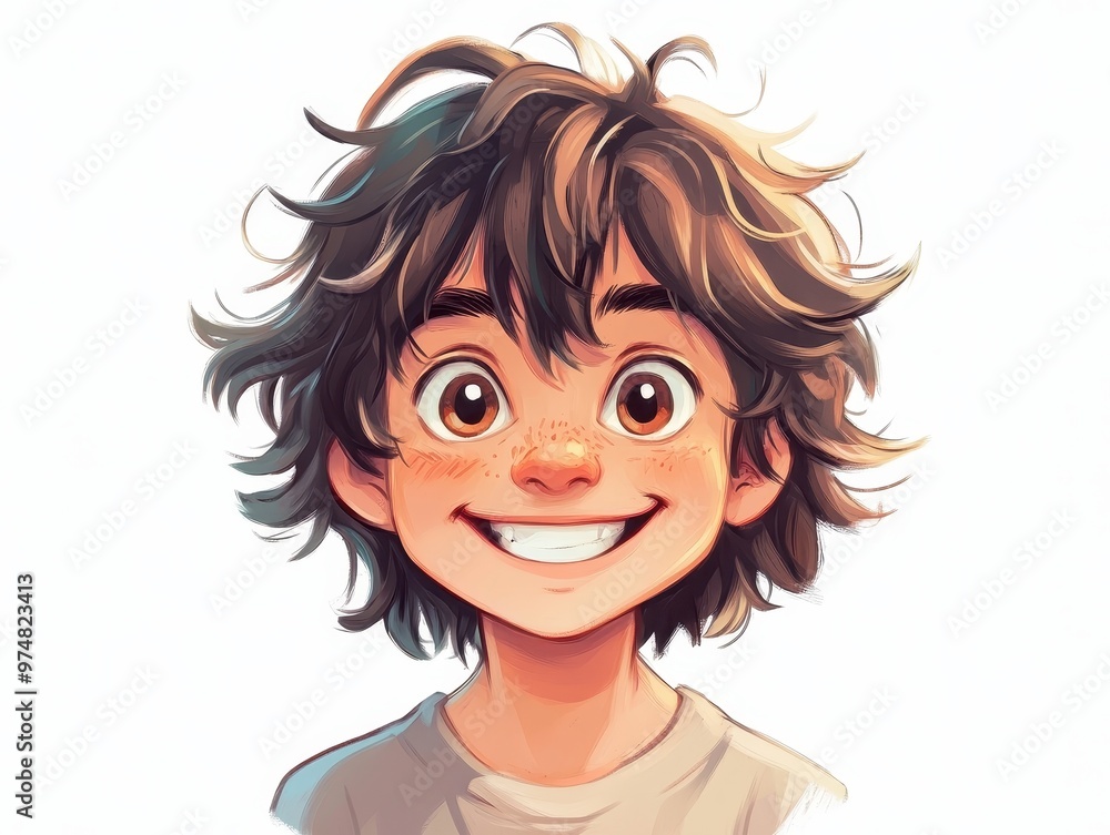 Cheerful Anime Boy Headshot with Fluffy Hair on White Background Cheerful Anime Boy Headshot with Fluffy Hair on White Background