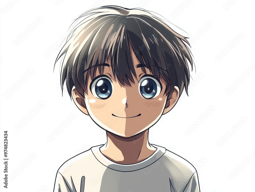 Sweet Anime Boy with Innocent Expression Digitally Illustrated on White Background Sweet Anime Boy with Innocent Expression Digitally Illustrated on White Background