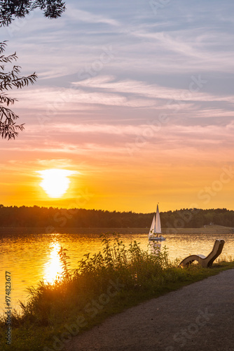 Summer landscape of Lake Rothsee during sunset near Nuremberg in Bavaria in Germany