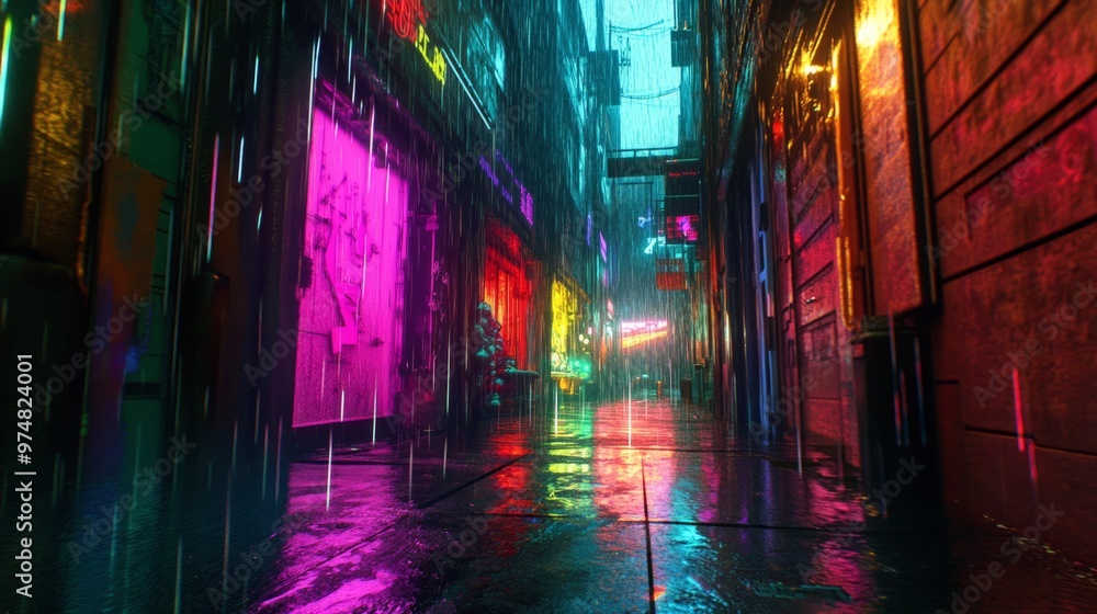 Neon Dreams: Cyberpunk City Alleyway in Vivid Rain Neon Dreams: Cyberpunk City Alleyway in Vivid Rain