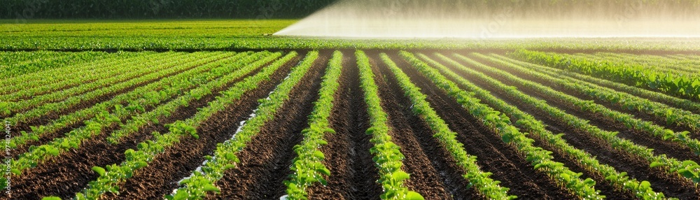 Lush green fields under sunlight, showcasing rows of growing crops. A peaceful scene representing agriculture and nature. Lush green fields under sunlight, showcasing rows of growing crops. A peaceful scene representing agriculture and nature.