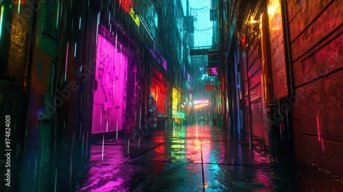 Neon Dreams: Cyberpunk City Alleyway in Vivid Rain