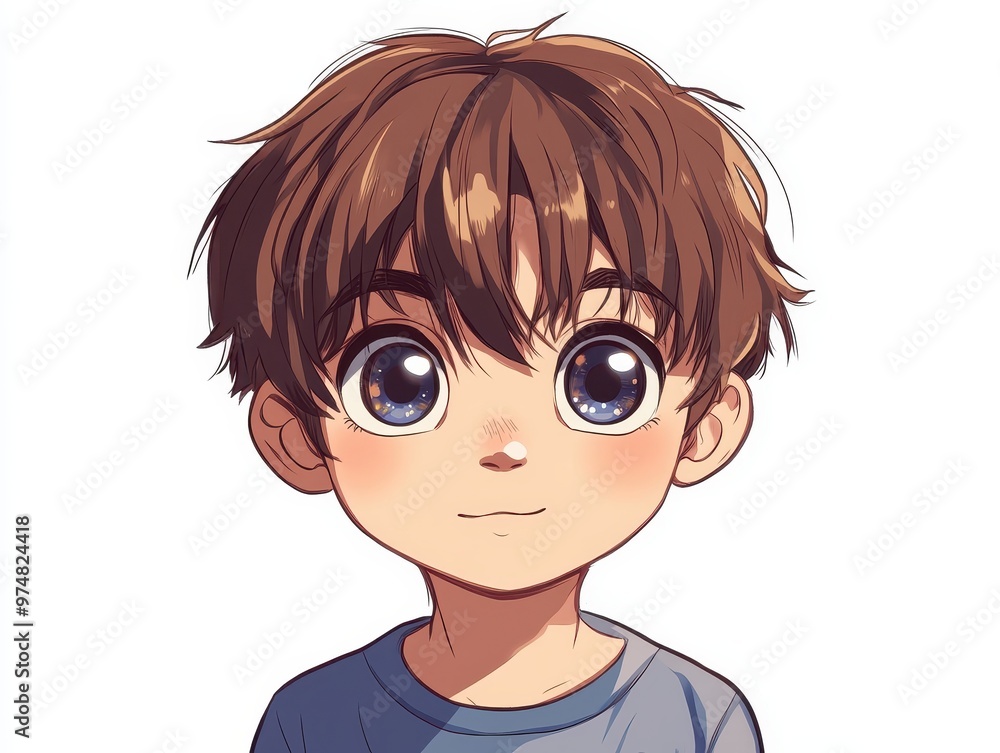 Adorable Anime Boy Portrait with Large Round Eyes in Calm Expression on White Background Adorable Anime Boy Portrait with Large Round Eyes in Calm Expression on White Background