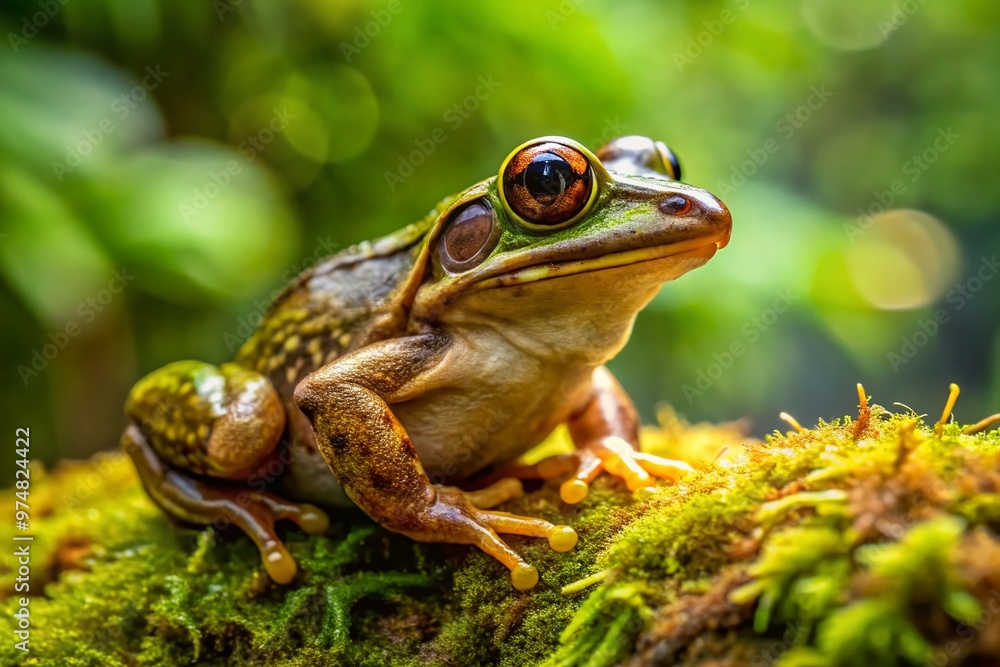 Fototapeta premium A small, greenish-brown rain frog with large golden eyes and webbed feet perches on a moss-covered rock, blending