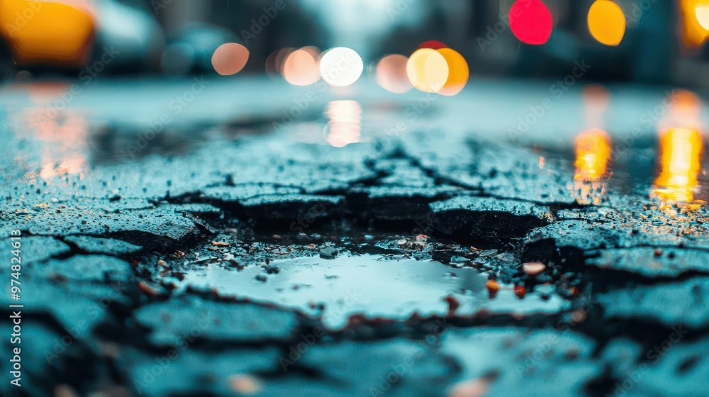 A close-up of a pothole filled with rainwater on a cracked city street, surrounded by litter pothole, gritty, street ground urban A close-up of a pothole filled with rainwater on a cracked city street, surrounded by litter pothole, gritty, street ground urban