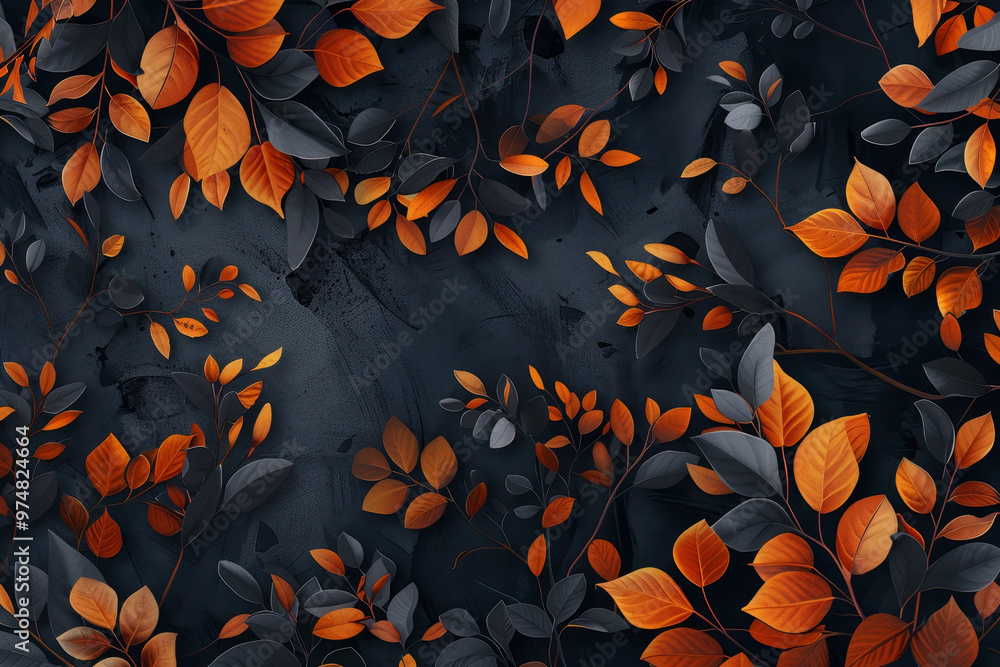 A black and orange leafy background with a few leaves in the foreground A black and orange leafy background with a few leaves in the foreground