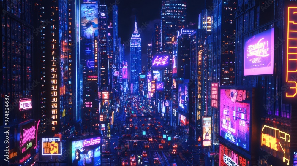 Vibrant Cityscape at Night: Glowing 3D Signage and Neon Lights Vibrant Cityscape at Night: Glowing 3D Signage and Neon Lights