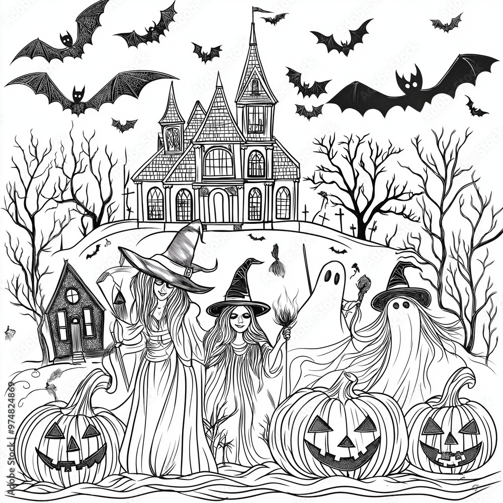 Halloween Coloring Page: Spooky and Fun with Witches, Pumpkins, and Haunted Houses - Clean Line Art for All Ages Halloween Coloring Page: Spooky and Fun with Witches, Pumpkins, and Haunted Houses - Clean Line Art for All Ages