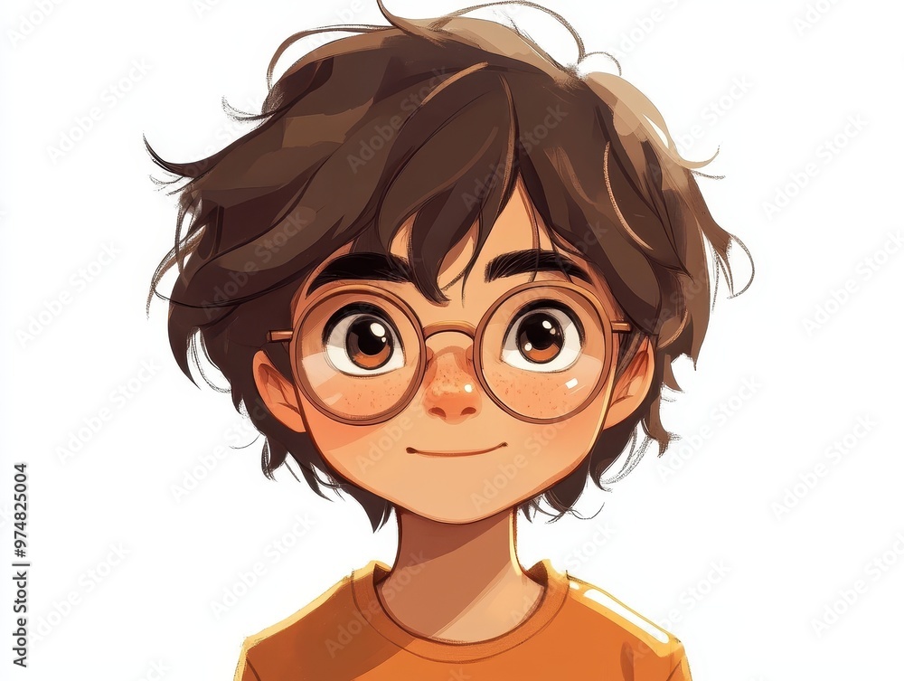Adorable Anime-Style Boy with Messy Hair and Big Glasses on White Background Adorable Anime-Style Boy with Messy Hair and Big Glasses on White Background