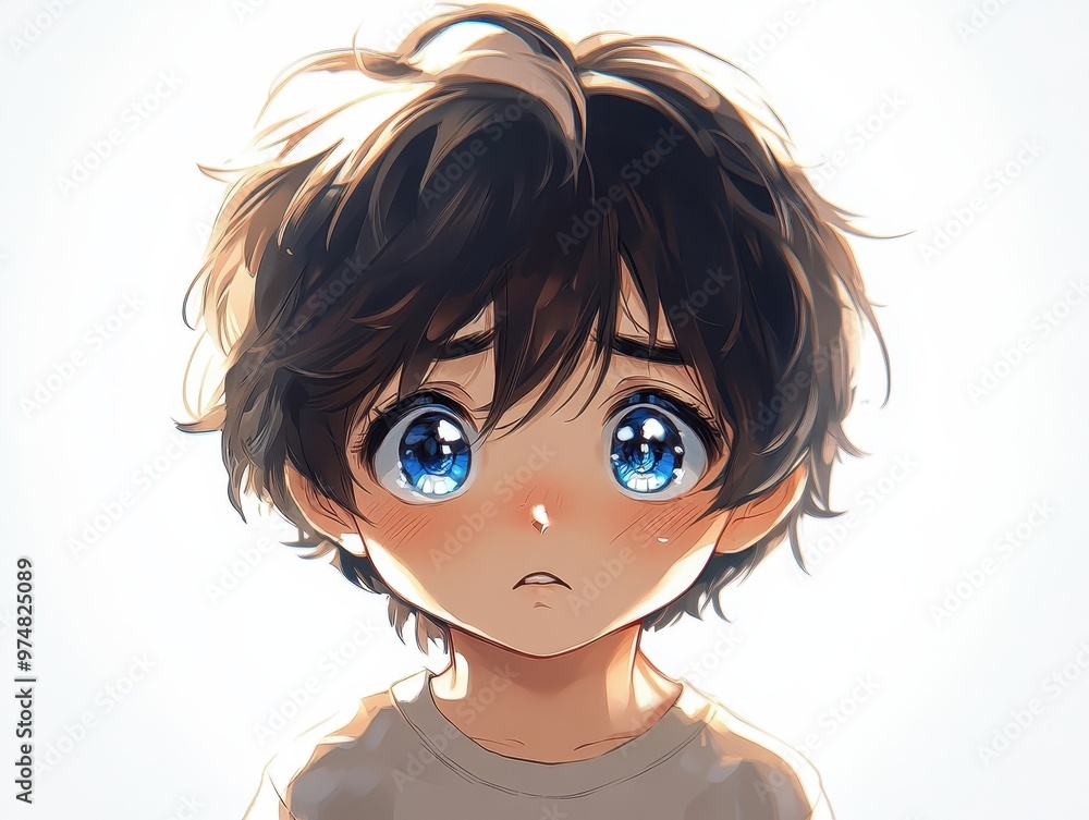 Enchanting Anime Boy with Expressive Eyes in Digital Illustration on White Background Enchanting Anime Boy with Expressive Eyes in Digital Illustration on White Background