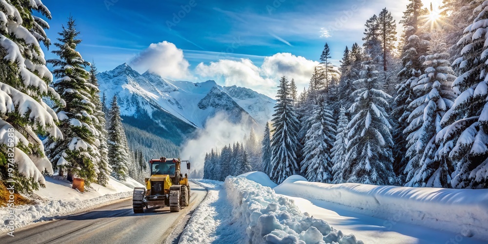 A snowplow clears a snowy mountain road surrounded by pine trees and construction equipment, with a serene winter A snowplow clears a snowy mountain road surrounded by pine trees and construction equipment, with a serene winter
