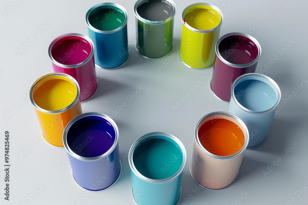A circle of paint cans with different colors A circle of paint cans with different colors