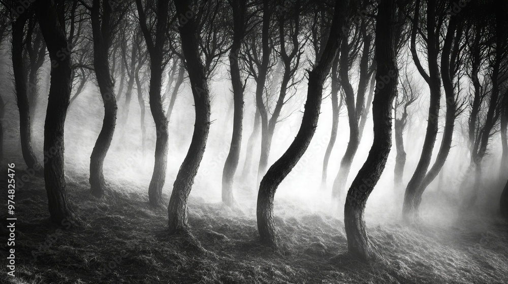 Twisted trees stand tall in a misty forest. Twisted trees stand tall in a misty forest.