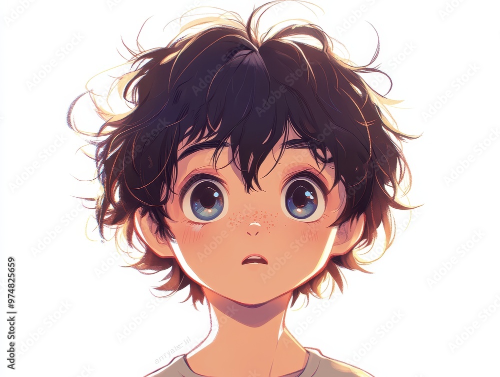 Innocent Anime Boy with Big Eyes and Wavy Hair in Soft Digital Illustration on White Background Innocent Anime Boy with Big Eyes and Wavy Hair in Soft Digital Illustration on White Background