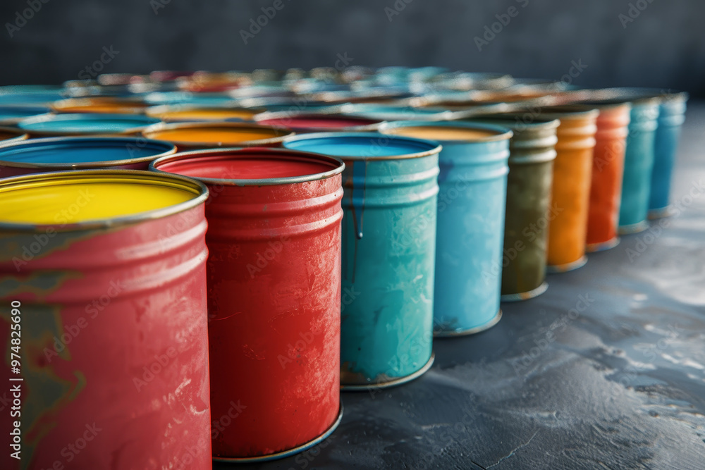 A row of colorful paint cans are lined up on a table A row of colorful paint cans are lined up on a table