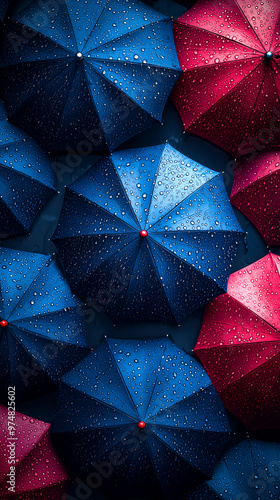 View from above Elegant blue and red umbrellas with waterdrops
