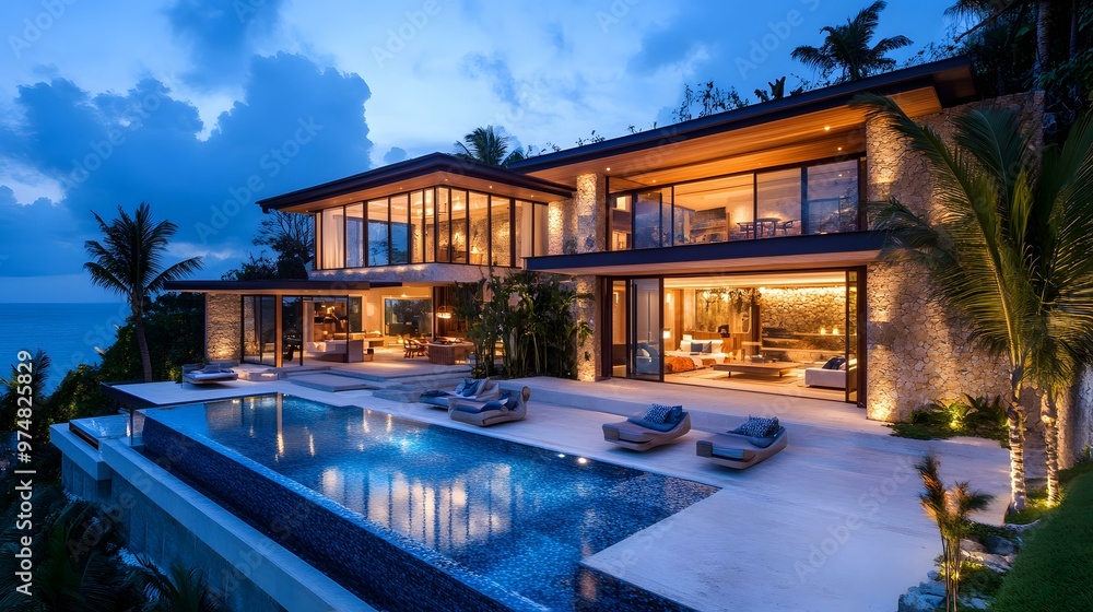 Modern Luxury Villa with Infinity Pool Overlooking the Ocean at Dusk Modern Luxury Villa with Infinity Pool Overlooking the Ocean at Dusk
