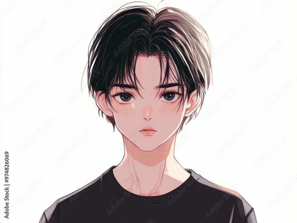 Tranquil Anime Boy Portrait with Smooth Hair on White Background Tranquil Anime Boy Portrait with Smooth Hair on White Background