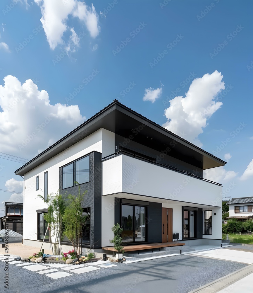 Modern White House with Black Trim and Balcony Modern White House with Black Trim and Balcony