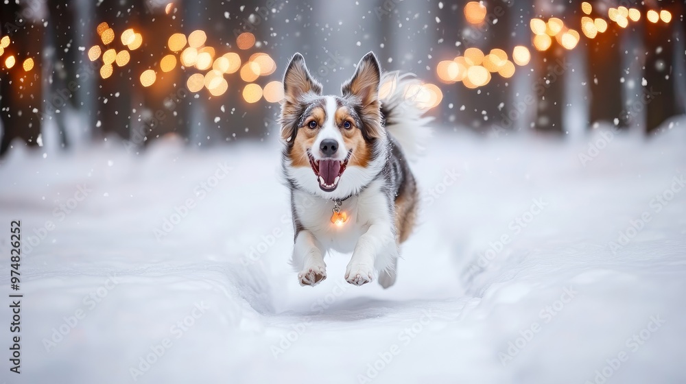 A joyful dog leaps through the snow, surrounded by twinkling lights, capturing the essence of winter playfulness. A joyful dog leaps through the snow, surrounded by twinkling lights, capturing the essence of winter playfulness.