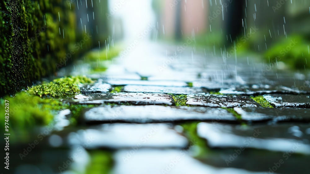 Fototapeta premium A rain-soaked alleyway with broken pavement, moss growing between cracks, and a gritty urban background rain-soaked pavement, gritty, street ground