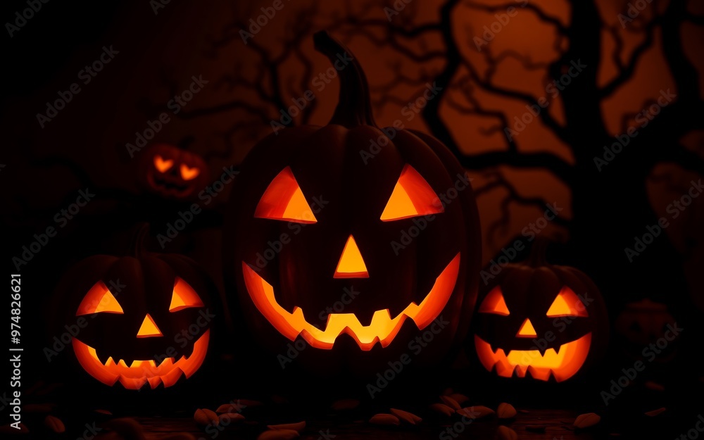 Three glowing orange jack-o'-lanterns against a dark background, evoking spooky Halloween fun and festive spirit.
Three glowing orange jack-o'-lanterns against a dark background, evoking spooky Halloween fun and festive spirit.