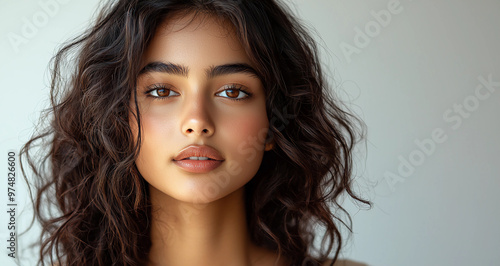 Stunning studio portrait of a vibrant 18-year-old Indian girl exuding natural beauty and confidence. Concept of elegant charm and beauty