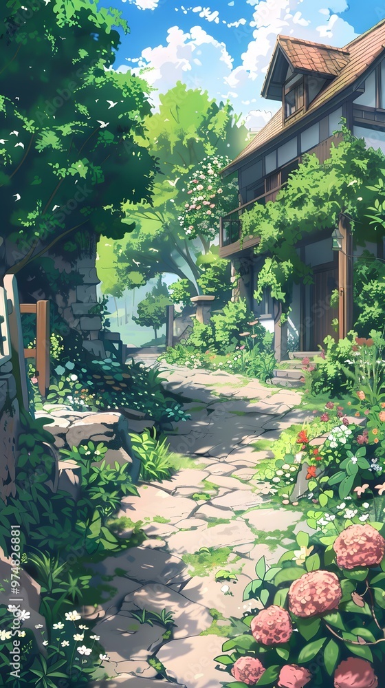 Stone Path Leading Through a Lush Green Garden with a House in the Background Stone Path Leading Through a Lush Green Garden with a House in the Background