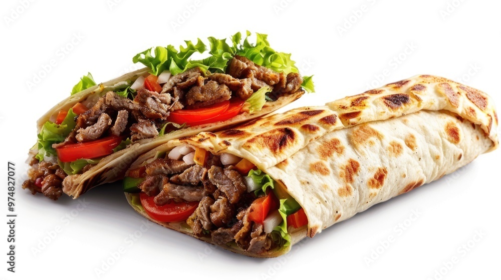 Two savory burritos filled with meat, tomatoes, and crunchy lettuce for a satisfying meal or snack Two savory burritos filled with meat, tomatoes, and crunchy lettuce for a satisfying meal or snack