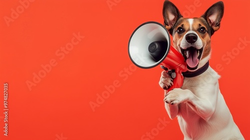 Dog holding a megaphone in its paws and barking into it, set against a solid background, humorously suggesting an announcement of discounts and promotions at a pet store.