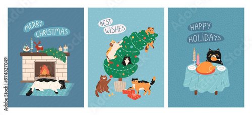 New Year and Christmas greeting cards with cute cats. Feline pets sleeping on rug by the fireplace, climbing Christmas tree, trying holiday dinner. Vector flat design for celebration print, poster