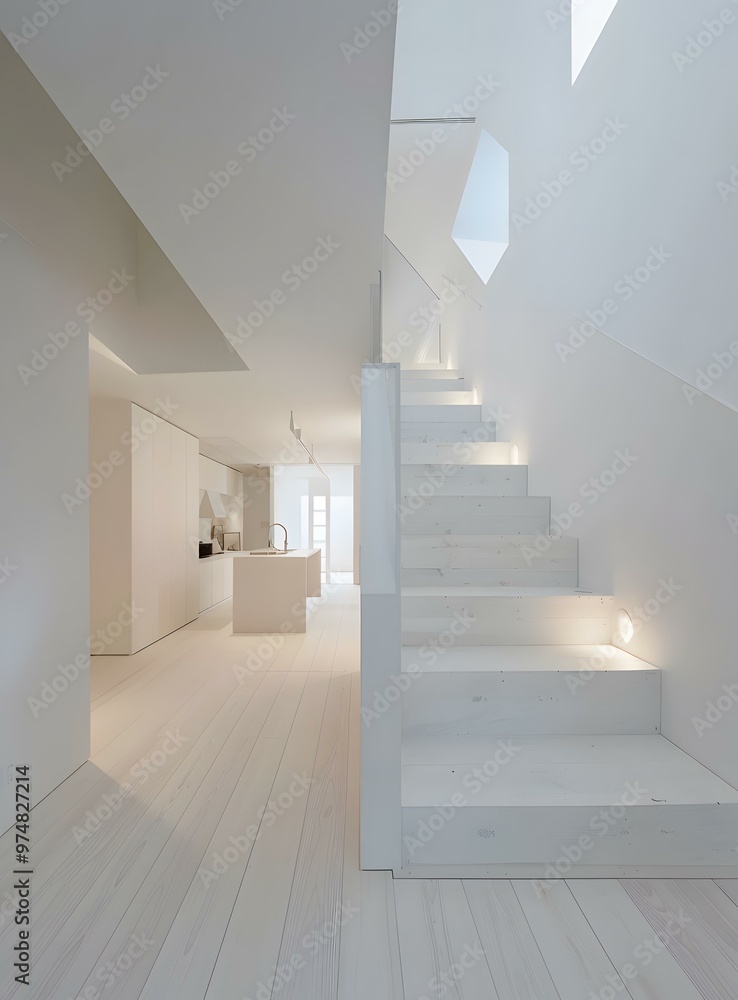 Fototapeta premium White Modern Stairs with Kitchen in Background