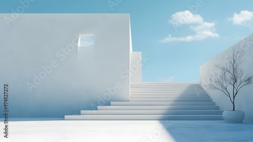 Minimalist White Architecture with Stairs and Tree