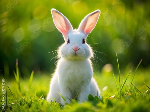 A striking white rabbit with piercing red eyes and fluffy whiskers sits upright on a lush green meadow, photo