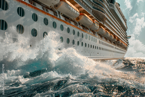 A large cruise ship is in the ocean with a wave crashing behind it photo