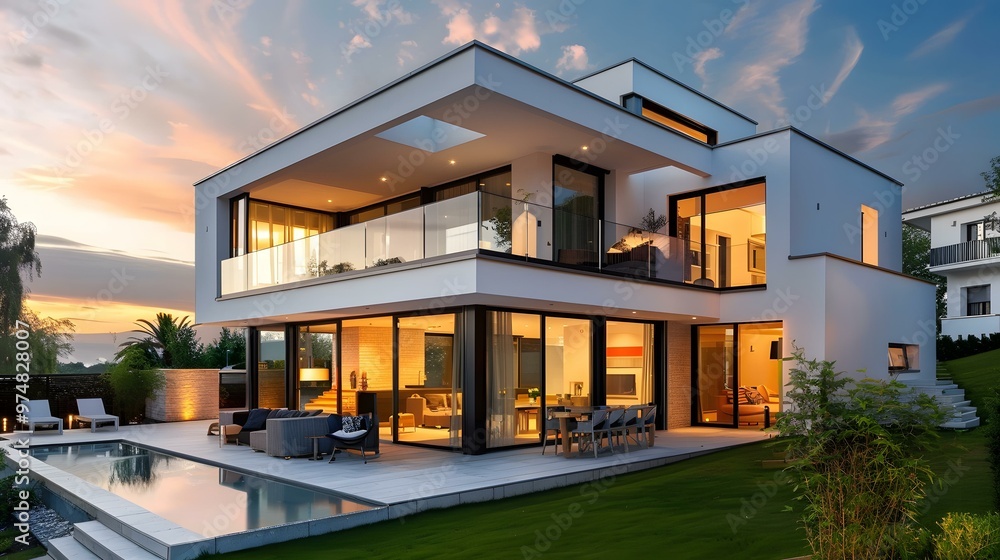 Modern White House With Swimming Pool and Lawn Modern White House With Swimming Pool and Lawn