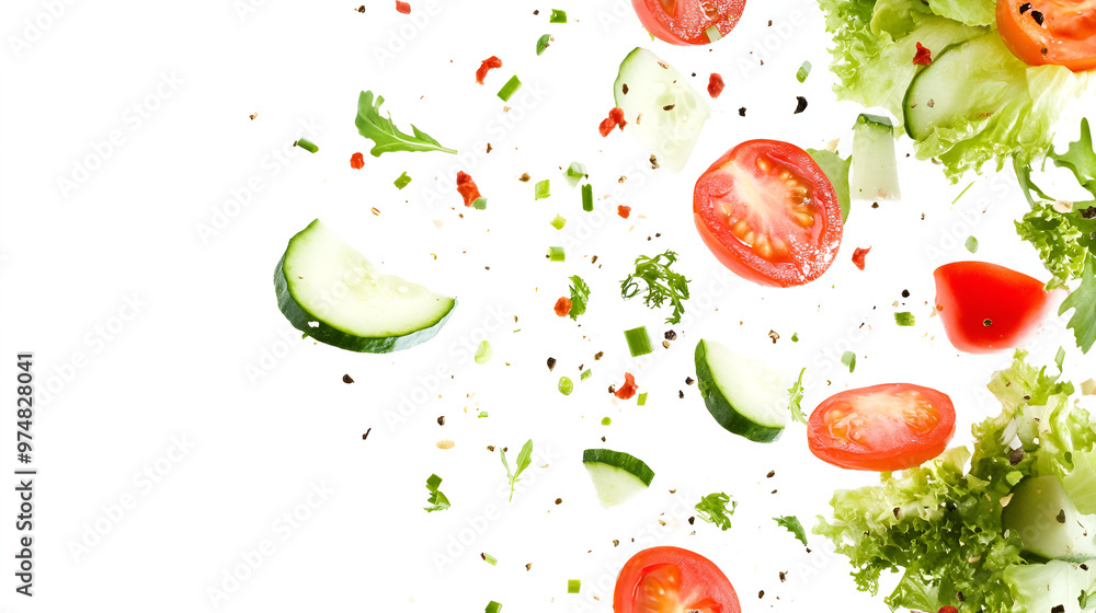 Falling salad of leaves with rucola, lettuce, radicchio, romano green frize and tomatoes isolated on white background Falling salad of leaves with rucola, lettuce, radicchio, romano green frize and tomatoes isolated on white background