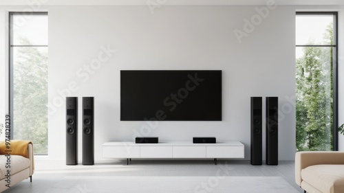 Modern living room interior showcasing a sleek TV and audio system  surrounded by natural light from large windows.