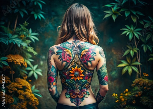 A stunning woman stands with her back facing the camera, showcasing a vibrant, intricate tattoo design that sprawls photo