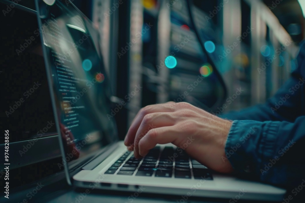 Close-up shot of a person working on a laptop, fingers flying across the keyboard Close-up shot of a person working on a laptop, fingers flying across the keyboard