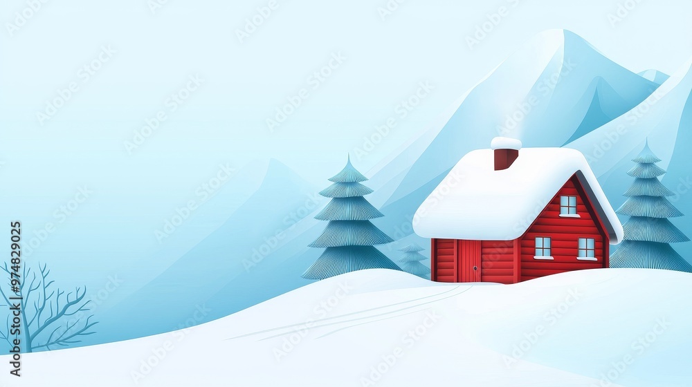 A serene winter landscape featuring a cozy red cabin amidst snowy mountains and evergreen trees under a clear blue sky. A serene winter landscape featuring a cozy red cabin amidst snowy mountains and evergreen trees under a clear blue sky.