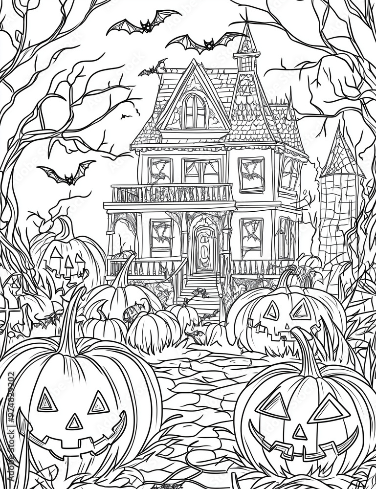 Halloween Coloring Page: Spooky and Fun Haunted House with Bats and Pumpkins - Clean Line Art for All Ages - Black and white - Printable pages Halloween Coloring Page: Spooky and Fun Haunted House with Bats and Pumpkins - Clean Line Art for All Ages - Black and white - Printable pages