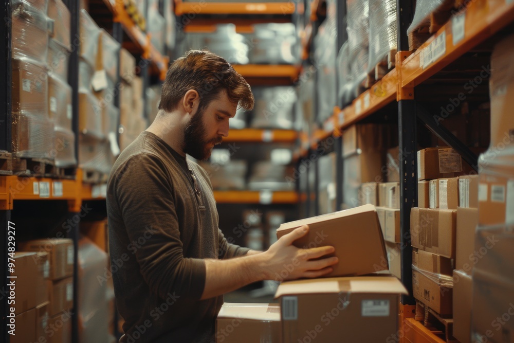 A person stands in a warehouse holding a box A person stands in a warehouse holding a box