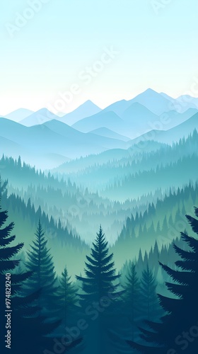 Vector illustration of a forest landscape with mountains at sunrise, featuring a flat design with simple shapes and flat colors