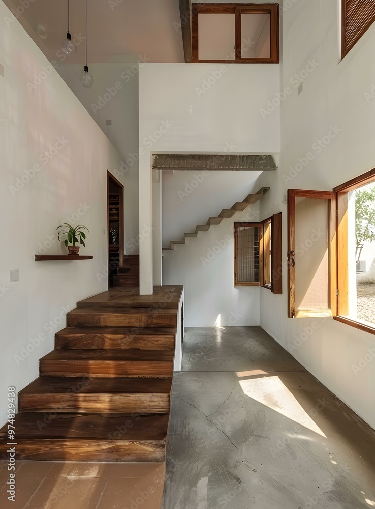 Fototapeta premium Modern Minimalist Home Interior Design with Wooden Stairs and White Walls