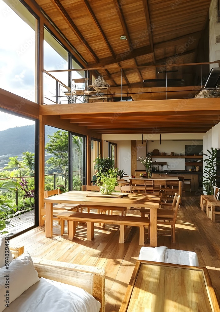 Fototapeta premium Modern Open Plan Wooden Home With Large Windows