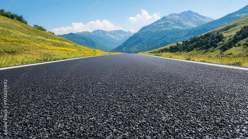 Fototapeta premium A smooth, freshly paved two-lane road running through a scenic valley, with mountains in the background two-lane road, asphalt, smooth surface