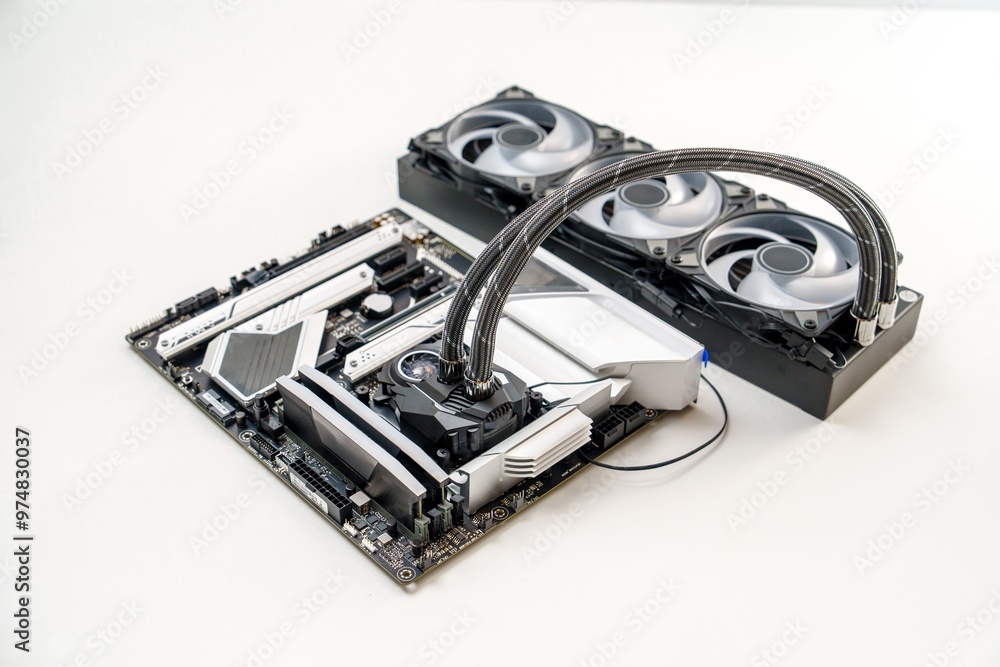 An isolated view of a stylish white themed gaming motherboard equipped with a CPU liquid cooling system. It features a sleek black and white color scheme with vivid RGB lighting accents. An isolated view of a stylish white themed gaming motherboard equipped with a CPU liquid cooling system. It features a sleek black and white color scheme with vivid RGB lighting accents.